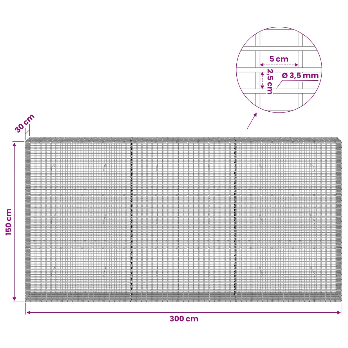 vidaXL Gabion z drutu 3,5 mm i siatką 5x2,5 cm 300x30x150 cm