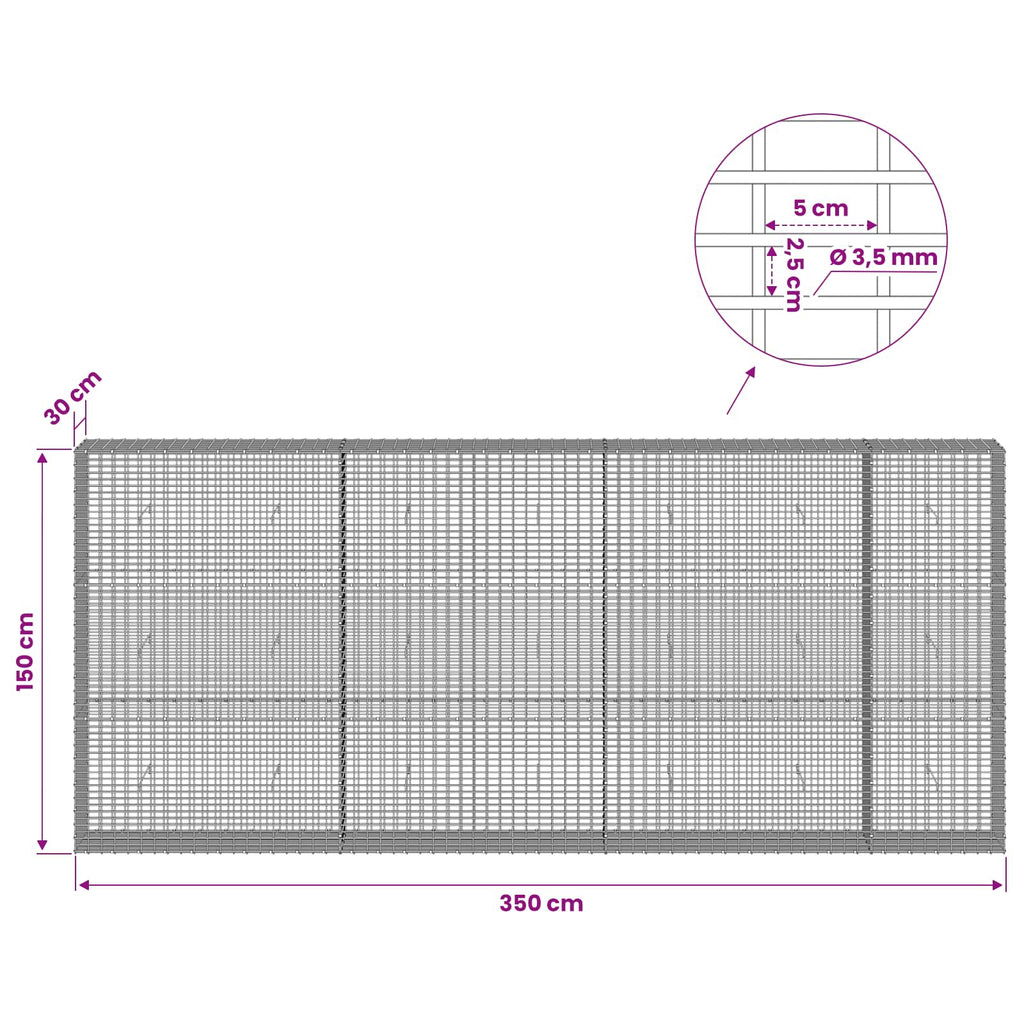 vidaXL Gabion z drutu 3,5 mm i siatką 5x2,5 cm 350x30x150 cm