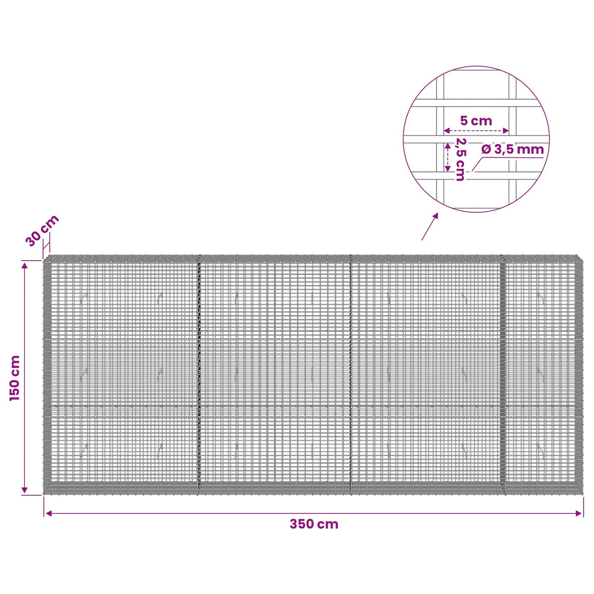 vidaXL Gabion z drutu 3,5 mm i siatką 5x2,5 cm 350x30x150 cm
