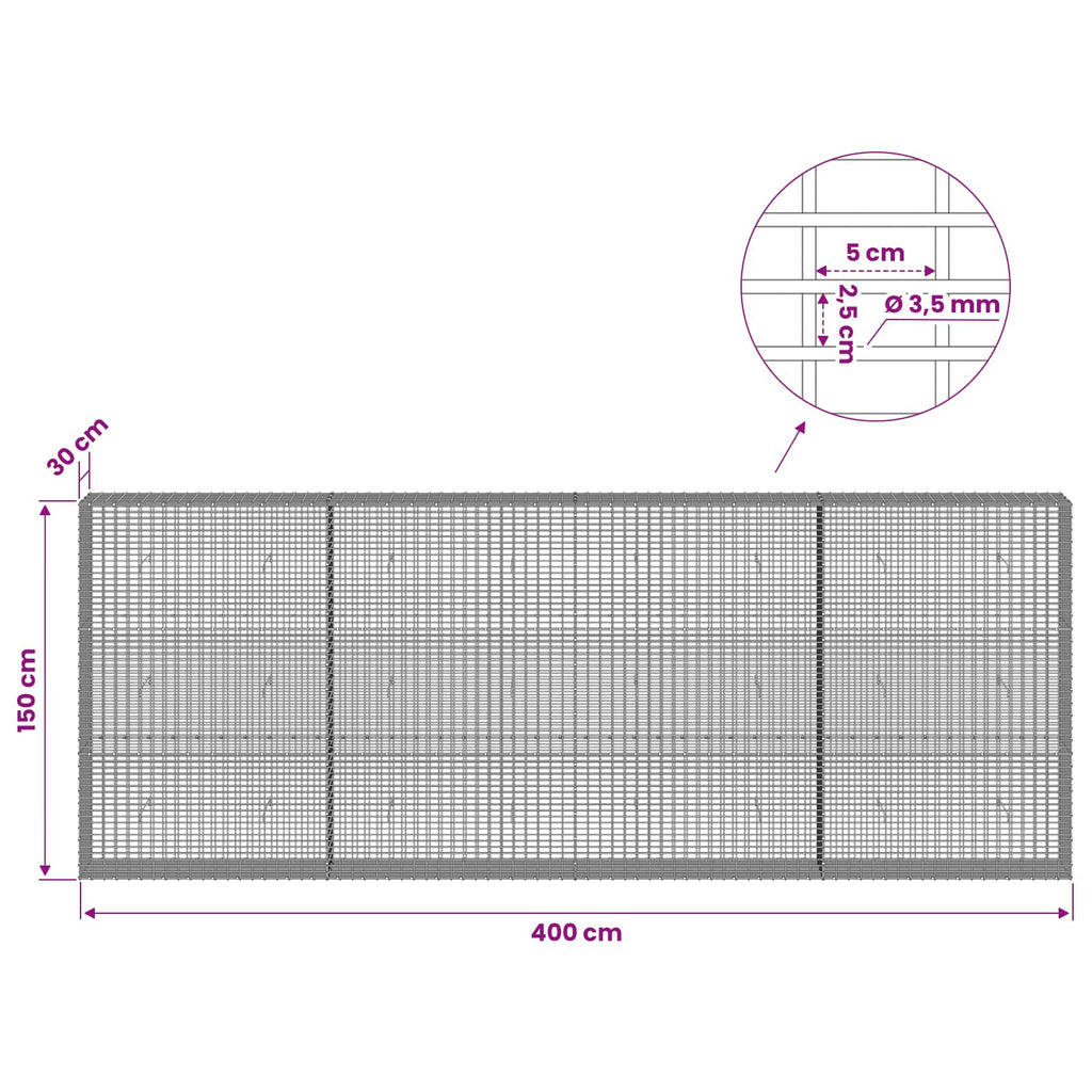 vidaXL Gabion z drutu 3,5 mm i siatką 5x2,5 cm 400x30x150 cm