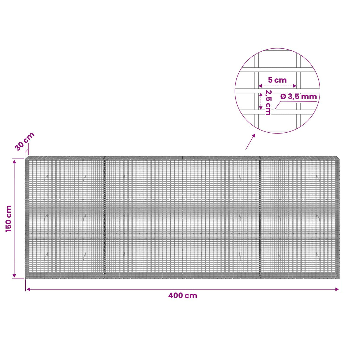 vidaXL Gabion z drutu 3,5 mm i siatką 5x2,5 cm 400x30x150 cm