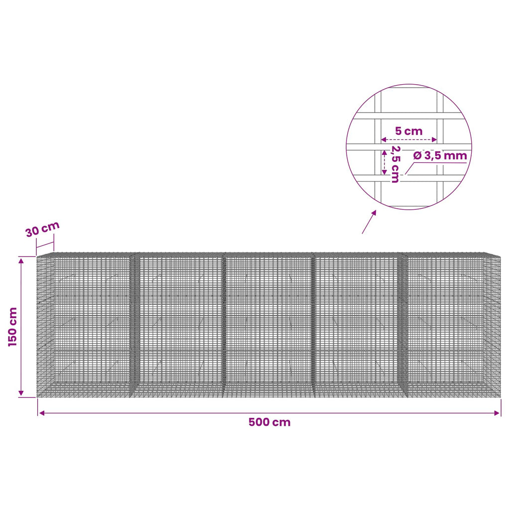 vidaXL Gabion z drutu 3,5 mm i siatką 5x2,5 cm 500x30x150 cm