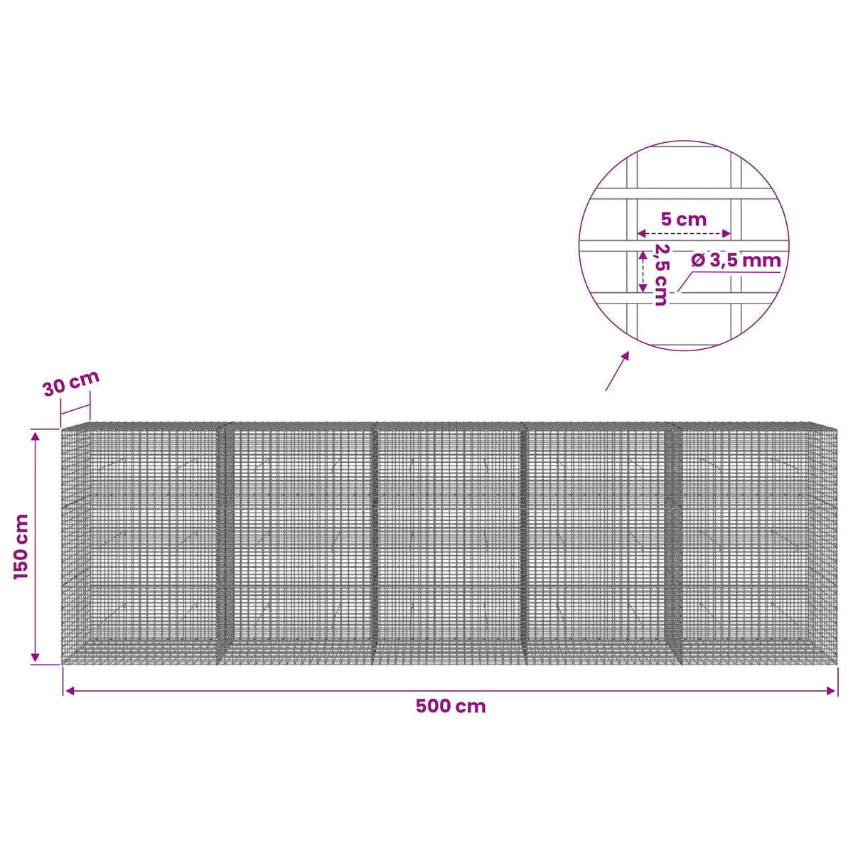 vidaXL Gabion z drutu 3,5 mm i siatką 5x2,5 cm 500x30x150 cm