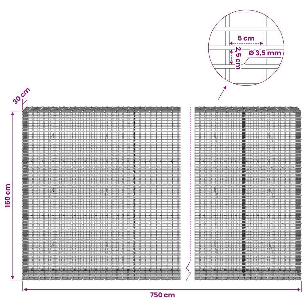 vidaXL Gabion z drutu 3,5 mm i siatką 5x2,5 cm 750x30x150 cm