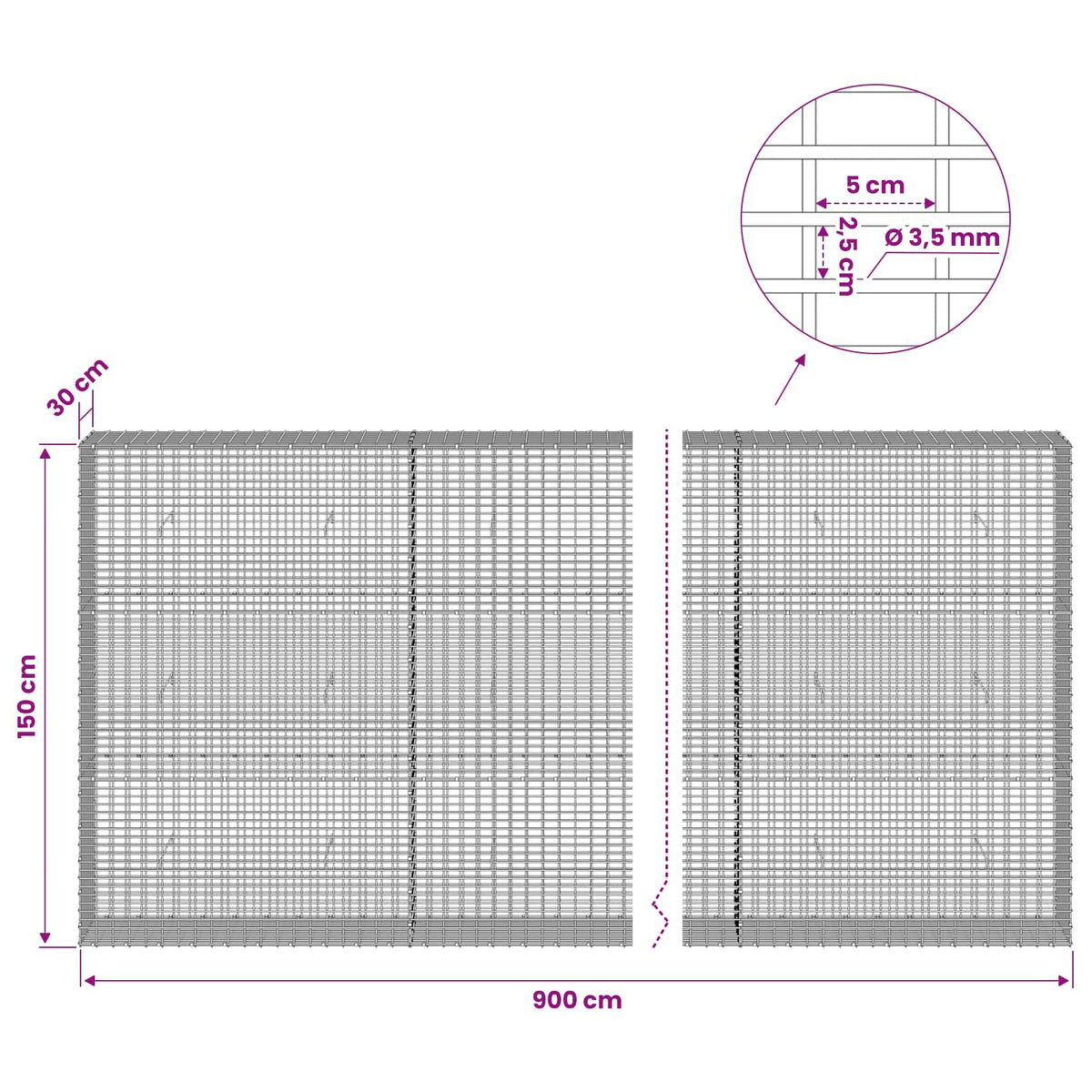 vidaXL Gabion z drutu 3,5 mm i siatką 5x2,5 cm 900x30x150 cm