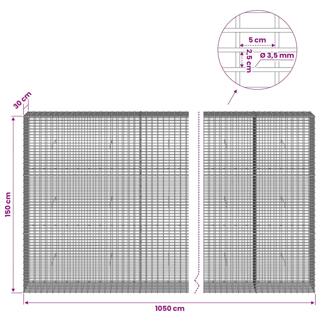 vidaXL Gabion z drutu 3,5 mm i siatką 5x2,5 cm 1050x30x150 cm