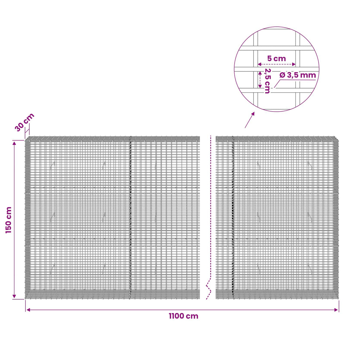 vidaXL Gabion z drutu 3,5 mm i siatką 5x2,5 cm 1100x30x150 cm