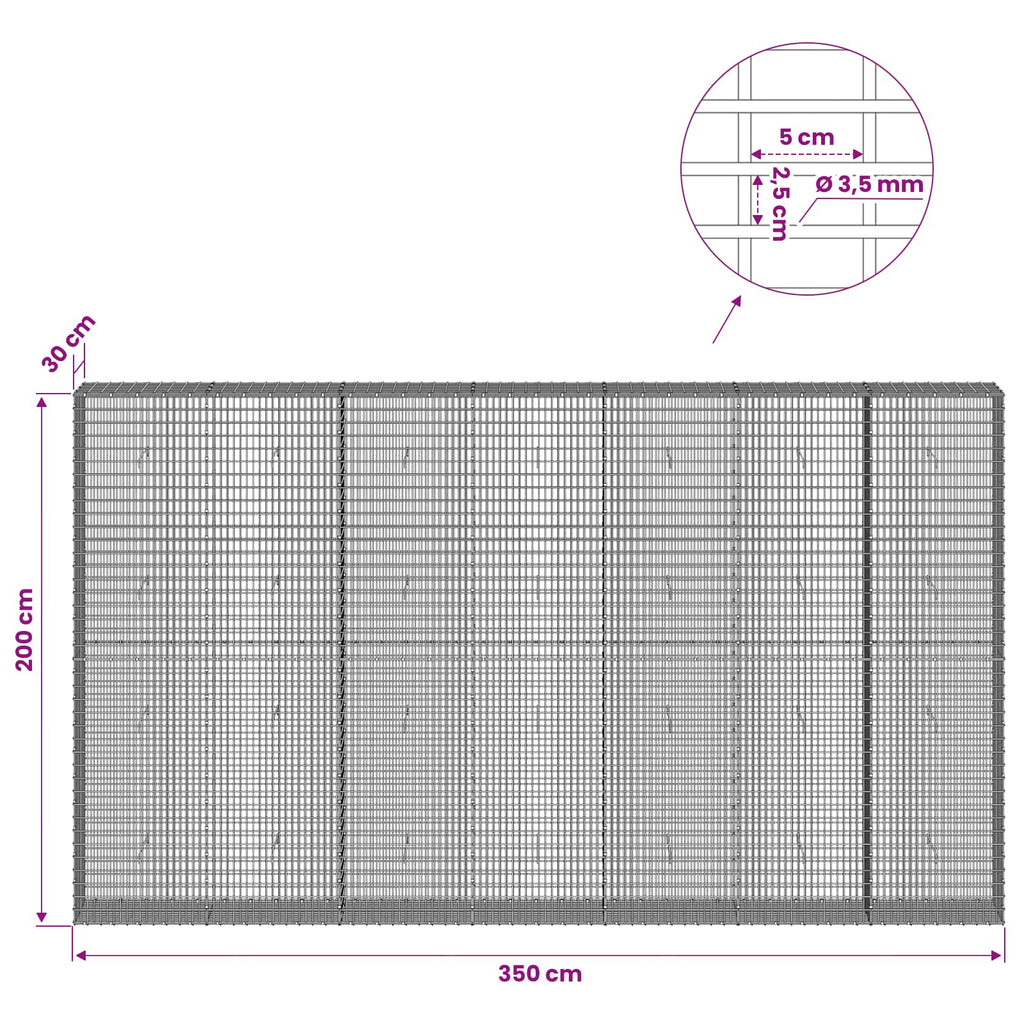 vidaXL Gabion z drutu 3,5 mm i siatką 5x2,5 cm 350x30x200 cm
