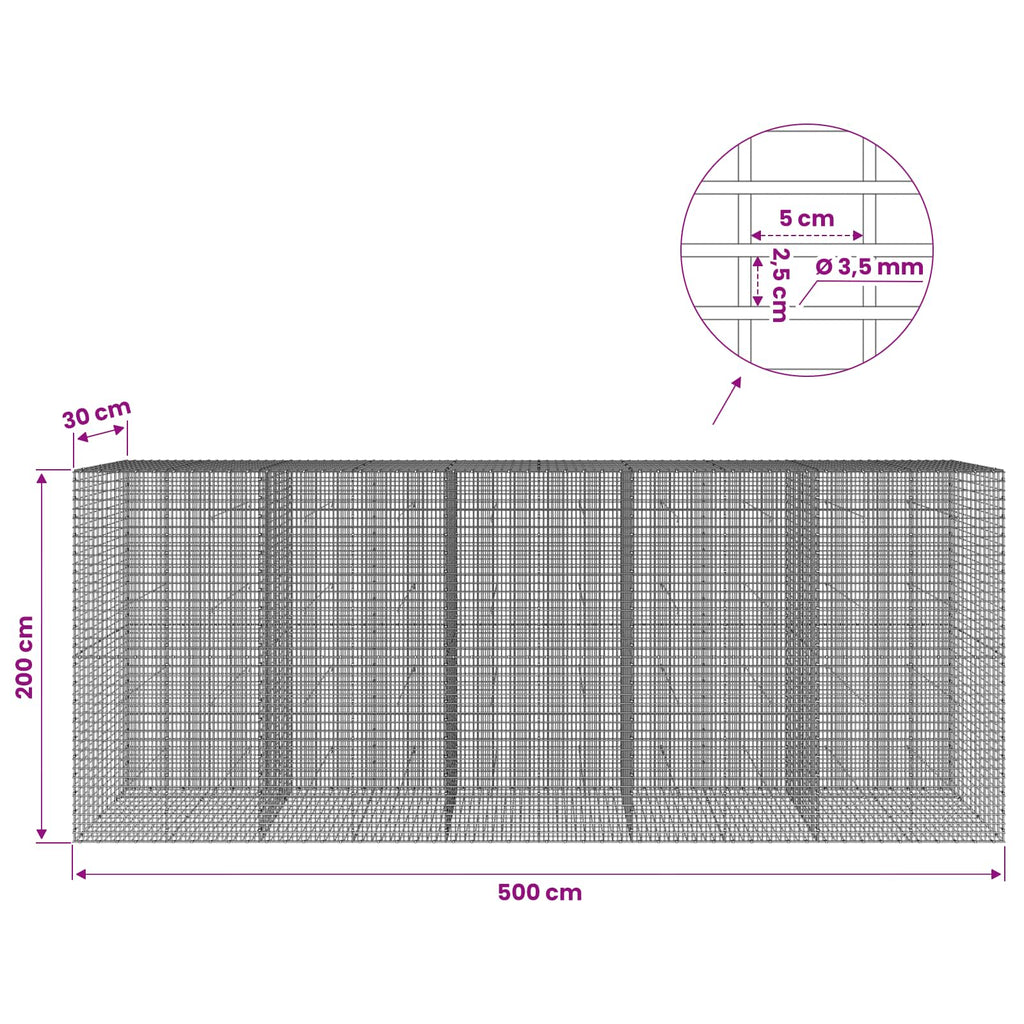 vidaXL Gabion z drutu 3,5 mm i siatką 5x2,5 cm 500x30x200 cm