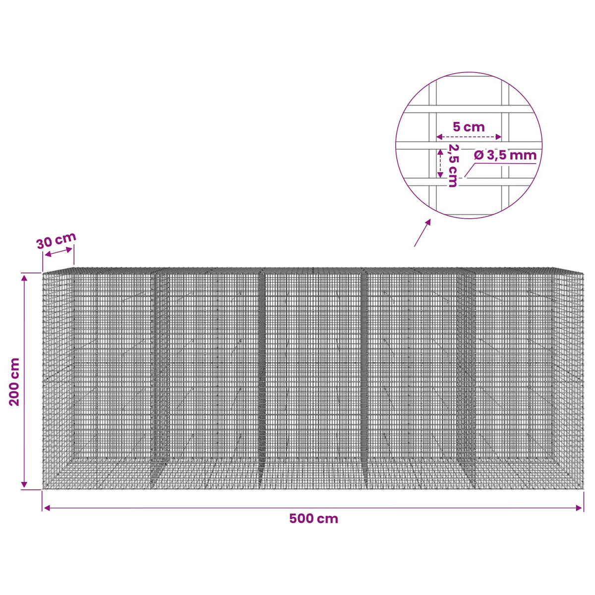 vidaXL Gabion z drutu 3,5 mm i siatką 5x2,5 cm 500x30x200 cm
