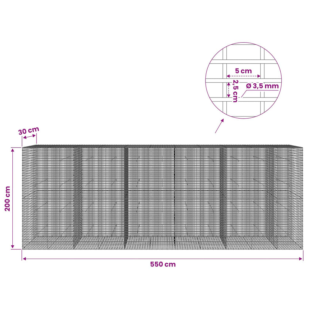 vidaXL Gabion z drutu 3,5 mm i siatką 5x2,5 cm 550x30x200 cm