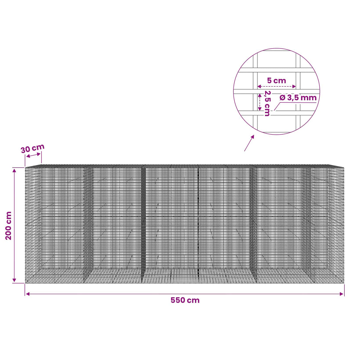 vidaXL Gabion z drutu 3,5 mm i siatką 5x2,5 cm 550x30x200 cm