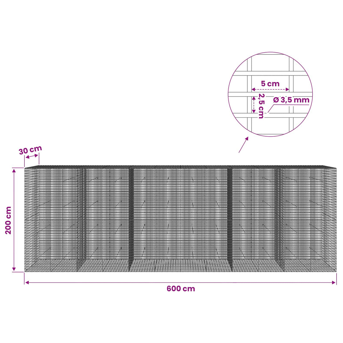 vidaXL Gabion z drutu 3,5 mm i siatką 5x2,5 cm 600x30x200 cm
