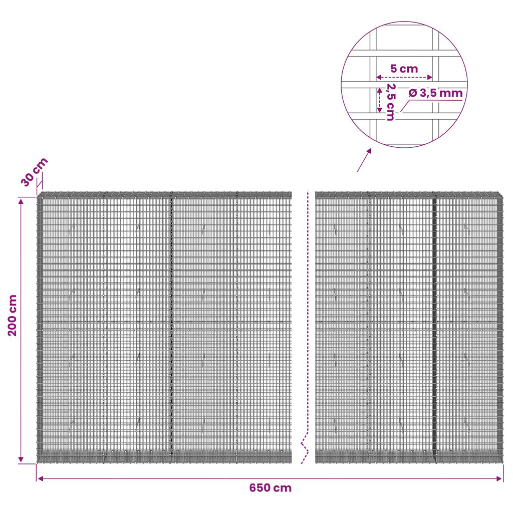 vidaXL Gabion z drutu 3,5 mm i siatką 5x2,5 cm 650x30x200 cm