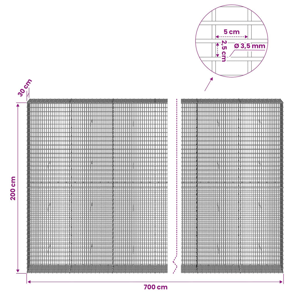 vidaXL Gabion z drutu 3,5 mm i siatką 5x2,5 cm 700x30x200 cm