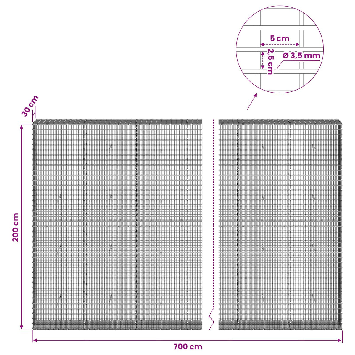 vidaXL Gabion z drutu 3,5 mm i siatką 5x2,5 cm 700x30x200 cm