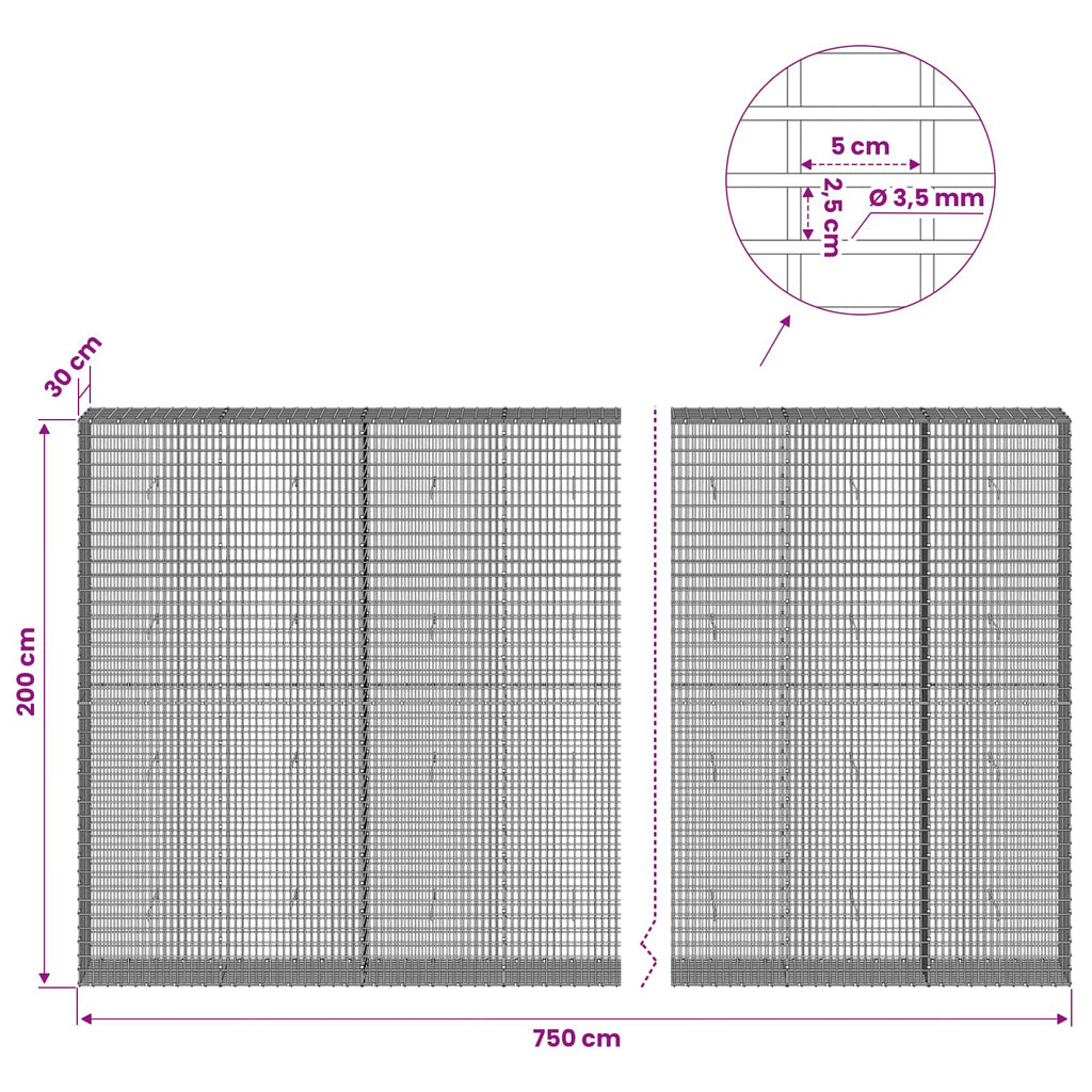 vidaXL Gabion z drutu 3,5 mm i siatką 5x2,5 cm 750x30x200 cm