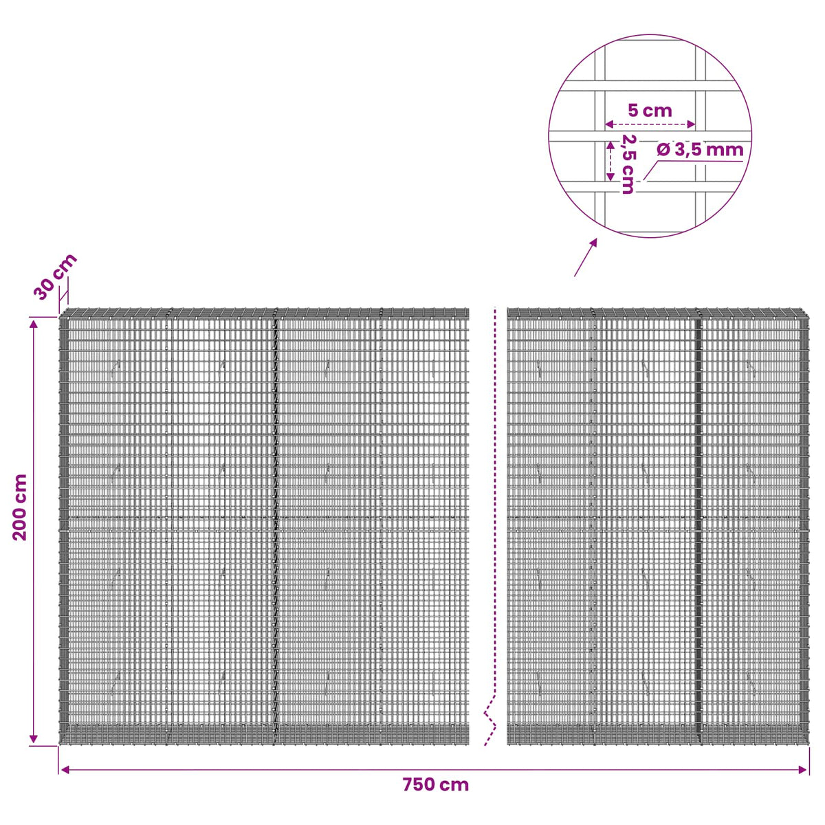 vidaXL Gabion z drutu 3,5 mm i siatką 5x2,5 cm 750x30x200 cm