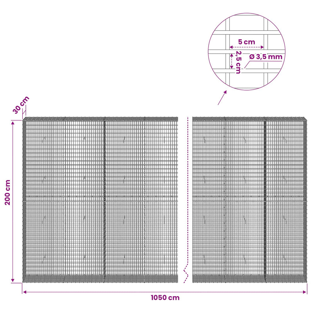 vidaXL Gabion z drutu 3,5 mm i siatką 5x2,5 cm 1050x30x200 cm