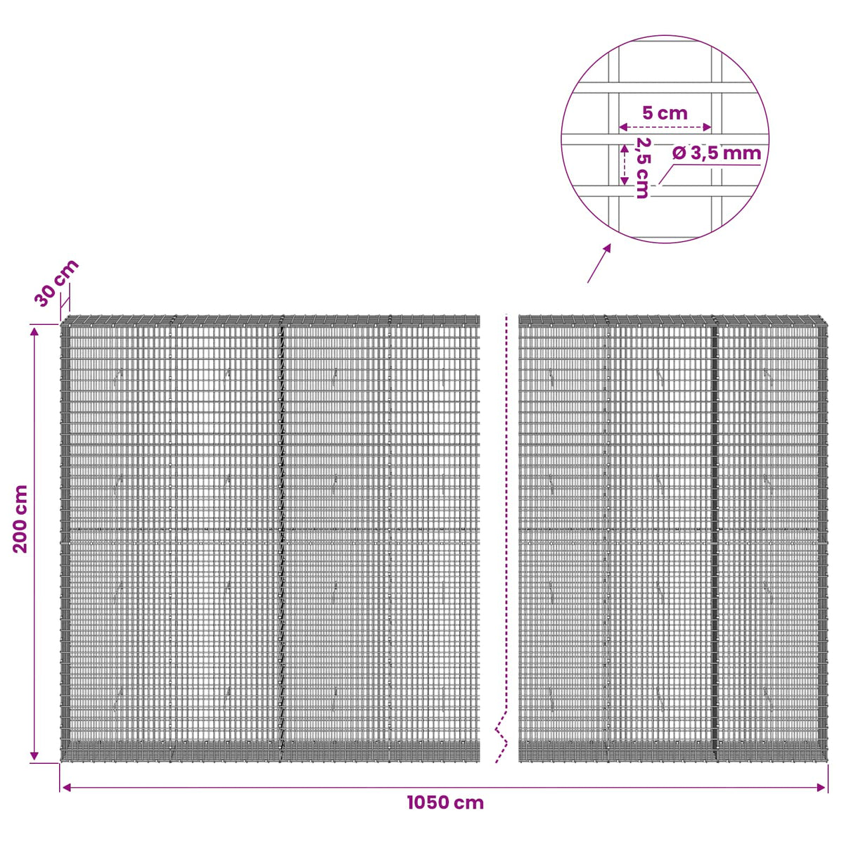vidaXL Gabion z drutu 3,5 mm i siatką 5x2,5 cm 1050x30x200 cm