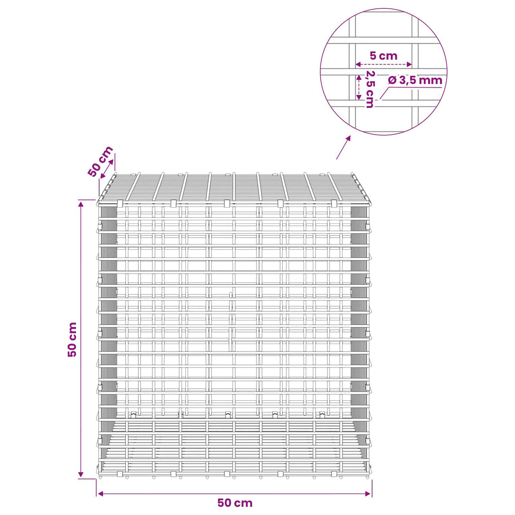 vidaXL Gabion z drutu 3,5 mm i siatką 5x2,5 cm 50x50x50 cm