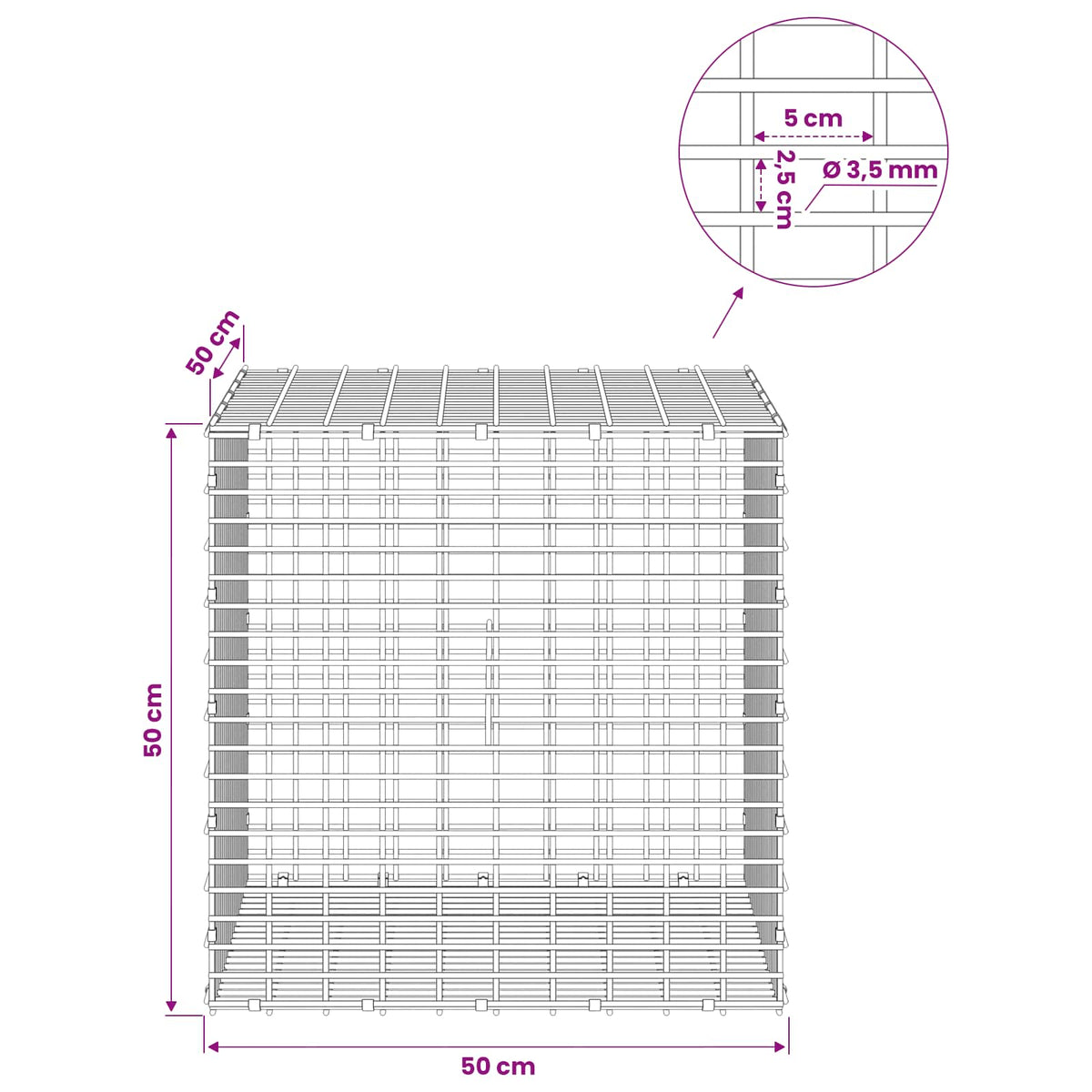 vidaXL Gabion z drutu 3,5 mm i siatką 5x2,5 cm 50x50x50 cm