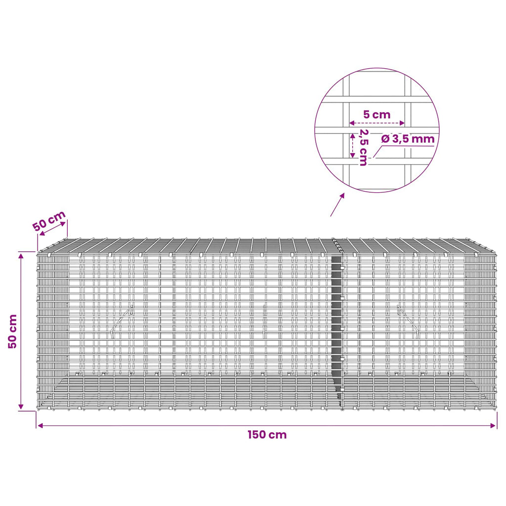 vidaXL Gabion z drutu 3,5 mm i siatką 5x2,5 cm 150x50x50 cm