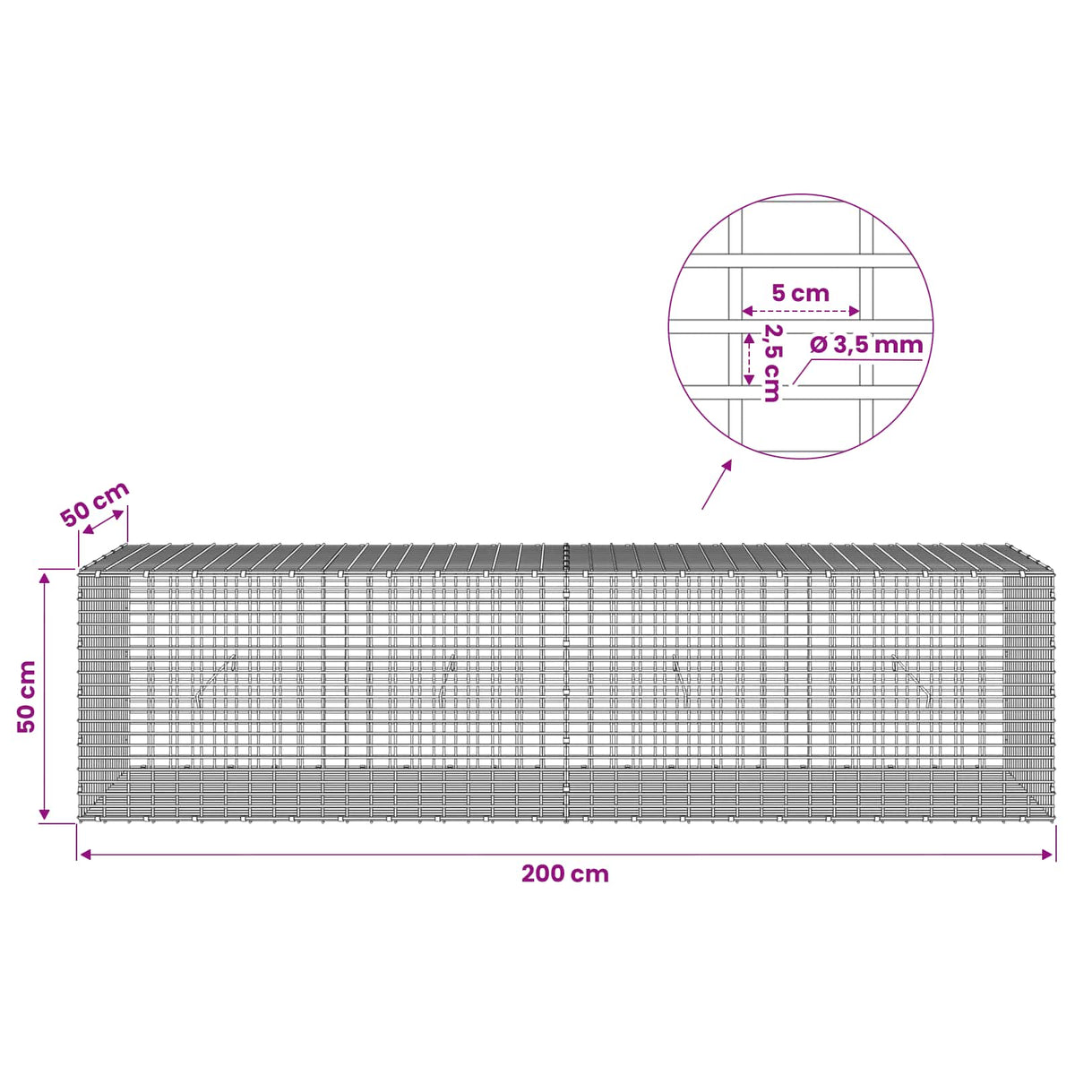 vidaXL Gabion z drutu 3,5 mm i siatką 5x2,5 cm 200x50x50 cm