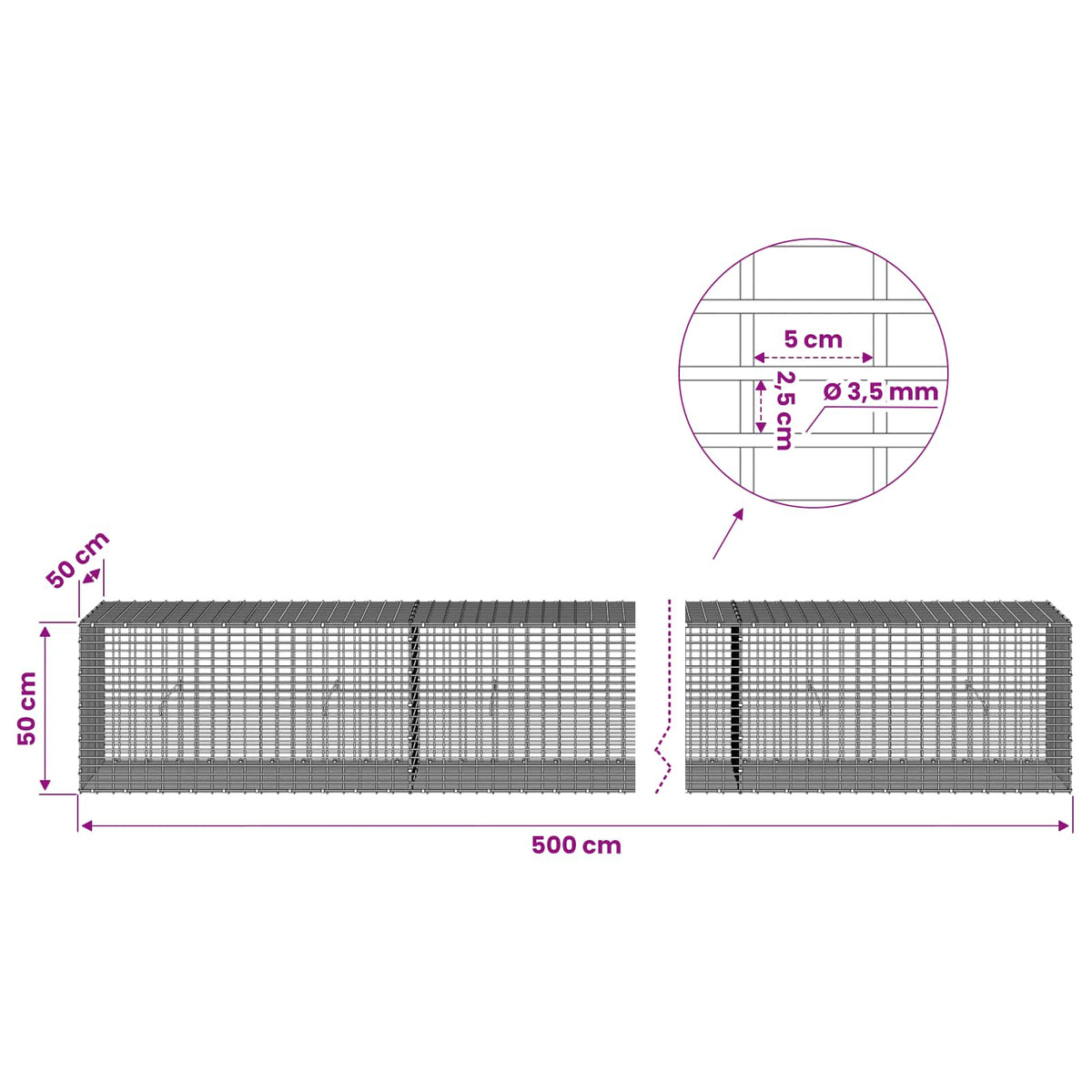 vidaXL Gabion z drutu 3,5 mm i siatką 5x2,5 cm 500x50x50 cm
