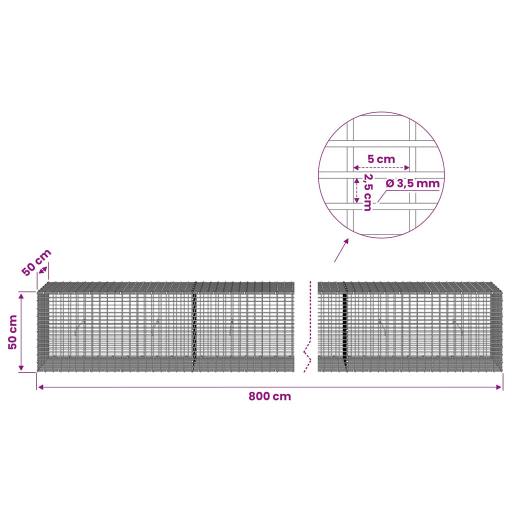 vidaXL Gabion z drutu 3,5 mm i siatką 5x2,5 cm 800x50x50 cm