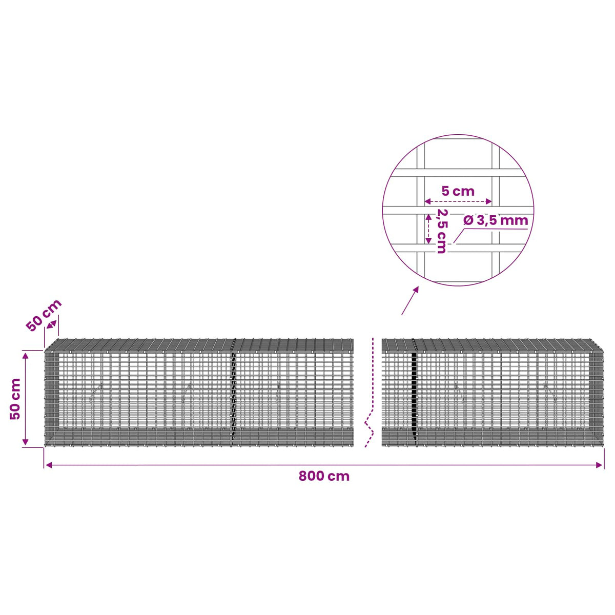 vidaXL Gabion z drutu 3,5 mm i siatką 5x2,5 cm 800x50x50 cm