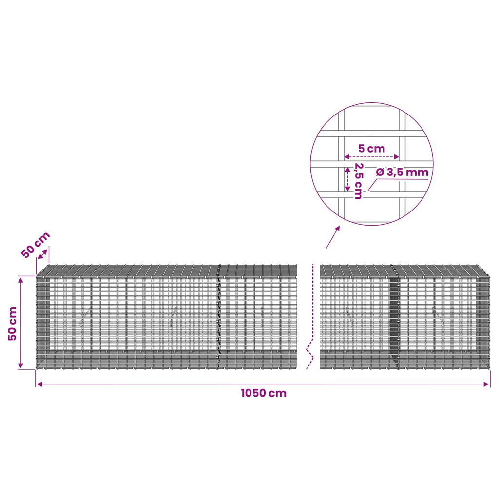vidaXL Gabion z drutu 3,5 mm i siatką 5x2,5 cm 1050x50x50 cm