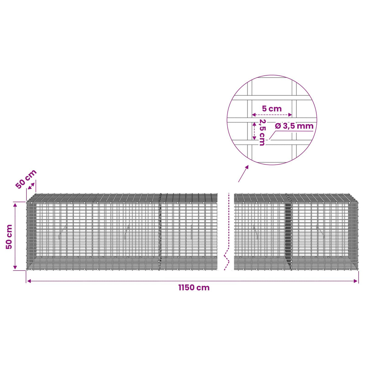 vidaXL Gabion z drutu 3,5 mm i siatką 5x2,5 cm 1150x50x50 cm