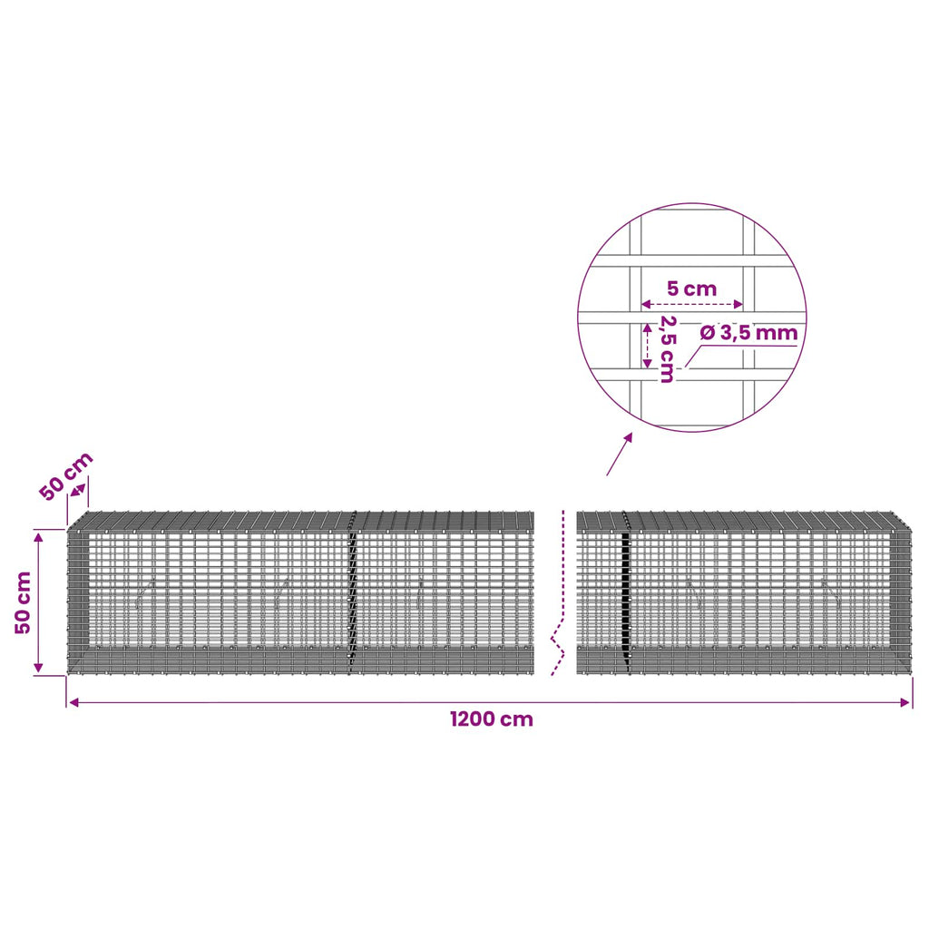 vidaXL Gabion z drutu 3,5 mm i siatką 5x2,5 cm 1200x50x50 cm