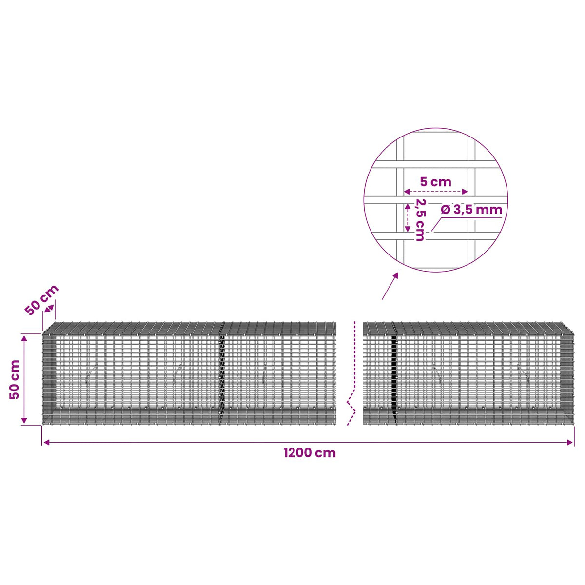 vidaXL Gabion z drutu 3,5 mm i siatką 5x2,5 cm 1200x50x50 cm