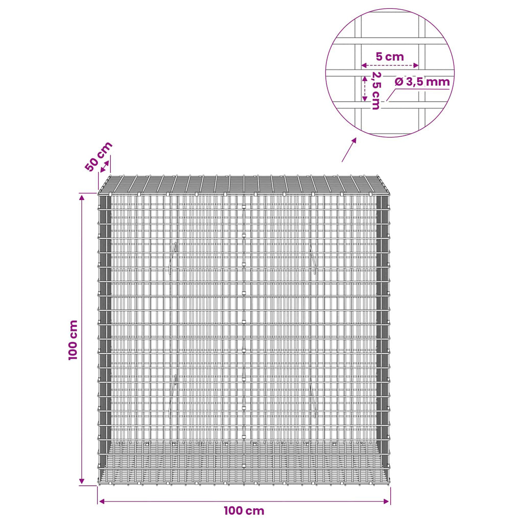 vidaXL Gabion z drutu 3,5 mm i siatką 5x2,5 cm 100x50x100 cm