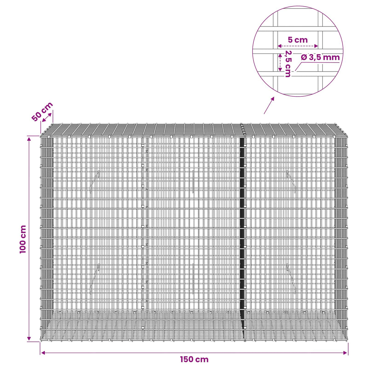 vidaXL Gabion z drutu 3,5 mm i siatką 5x2,5 cm 150x50x100 cm