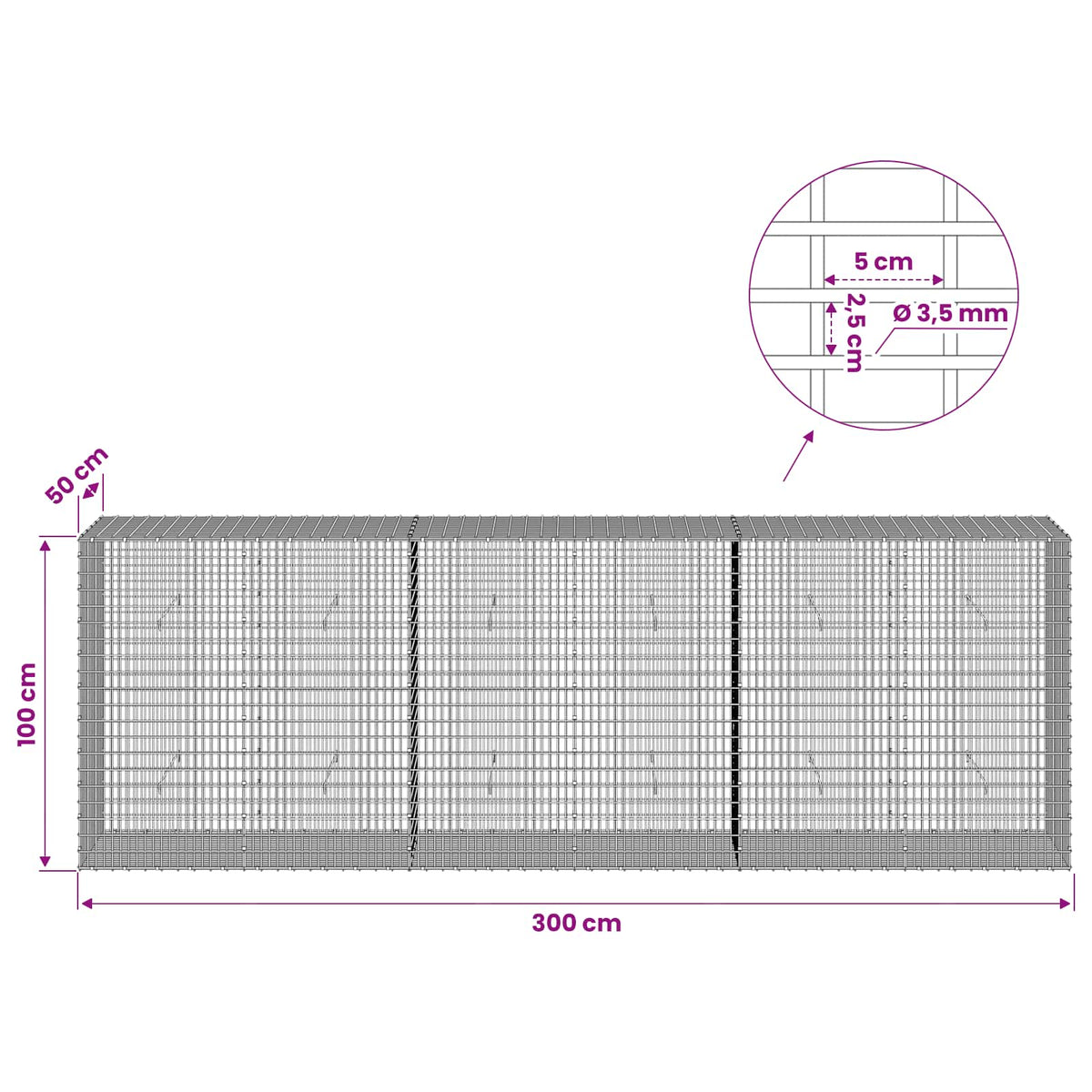 vidaXL Gabion z drutu 3,5 mm i siatką 5x2,5 cm 300x50x100 cm