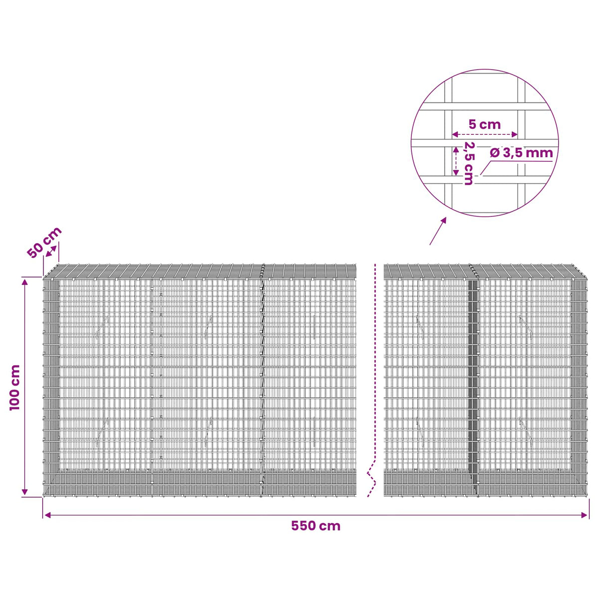 vidaXL Gabion z drutu 3,5 mm i siatką 5x2,5 cm 550x50x100 cm