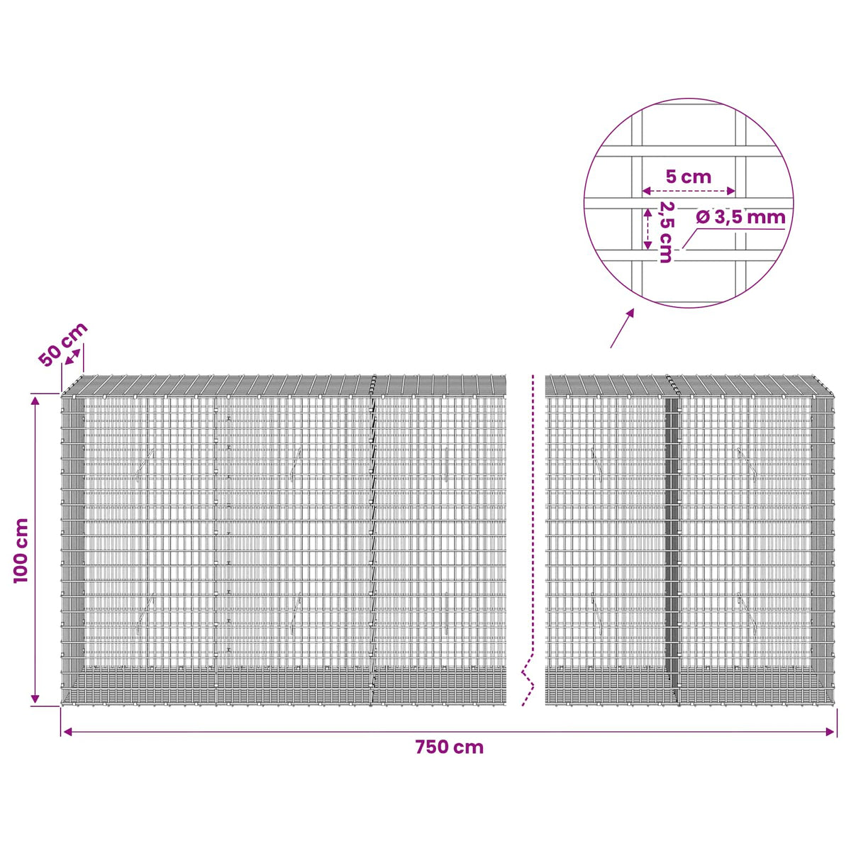 vidaXL Gabion z drutu 3,5 mm i siatką 5x2,5 cm 750x50x100 cm