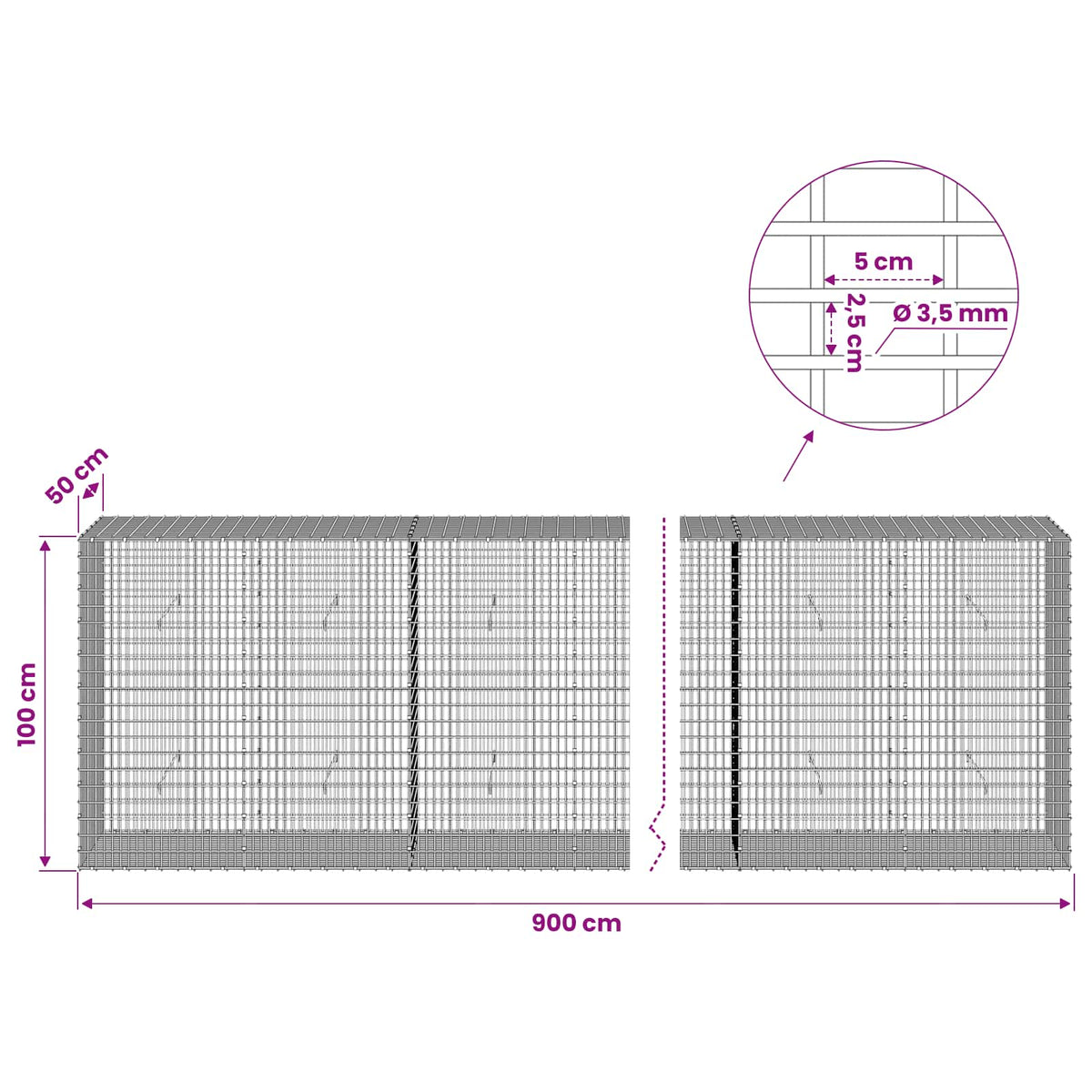 vidaXL Gabion z drutu 3,5 mm i siatką 5x2,5 cm 900x50x100 cm