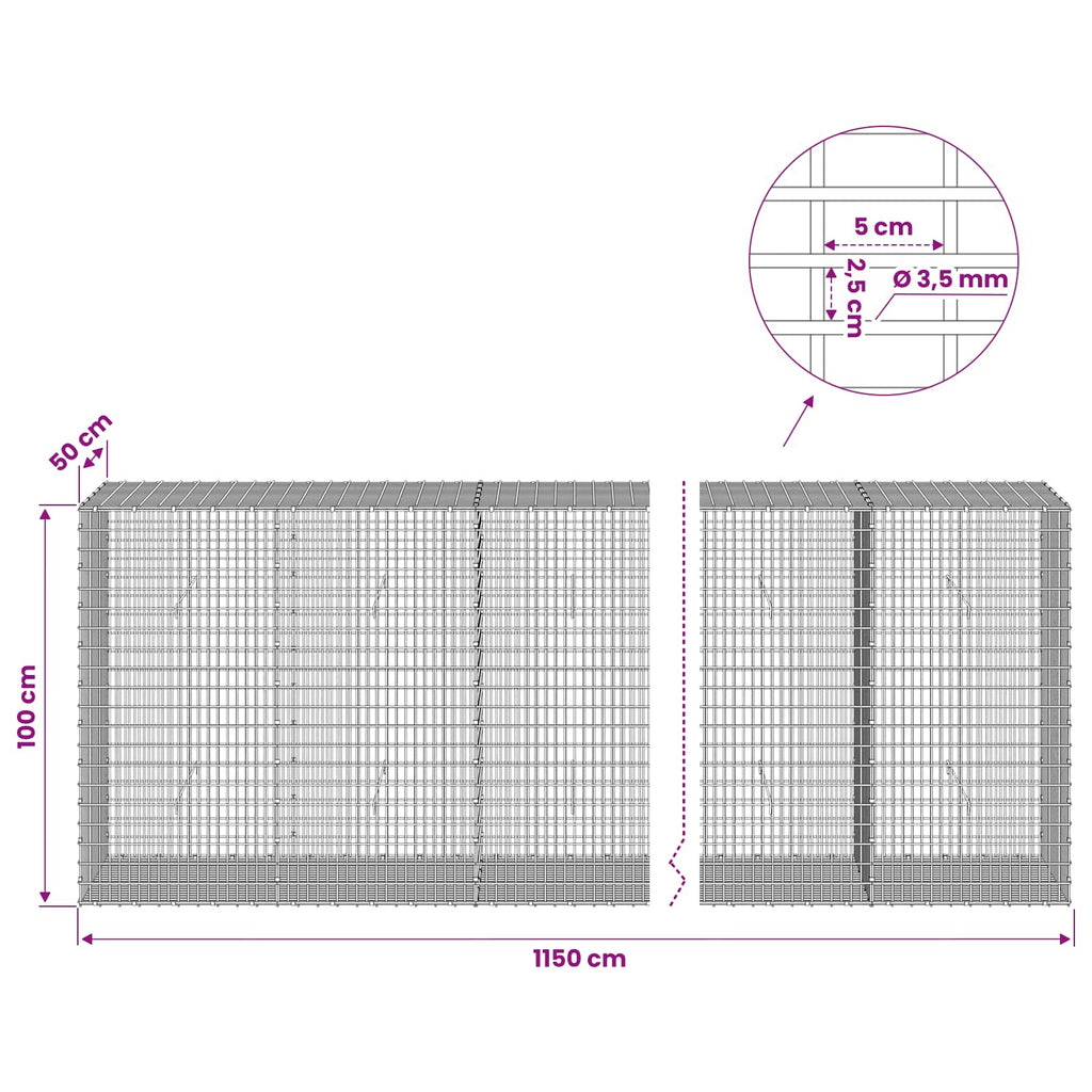 vidaXL Gabion z drutu 3,5 mm i siatką 5x2,5 cm 1150x50x100 cm