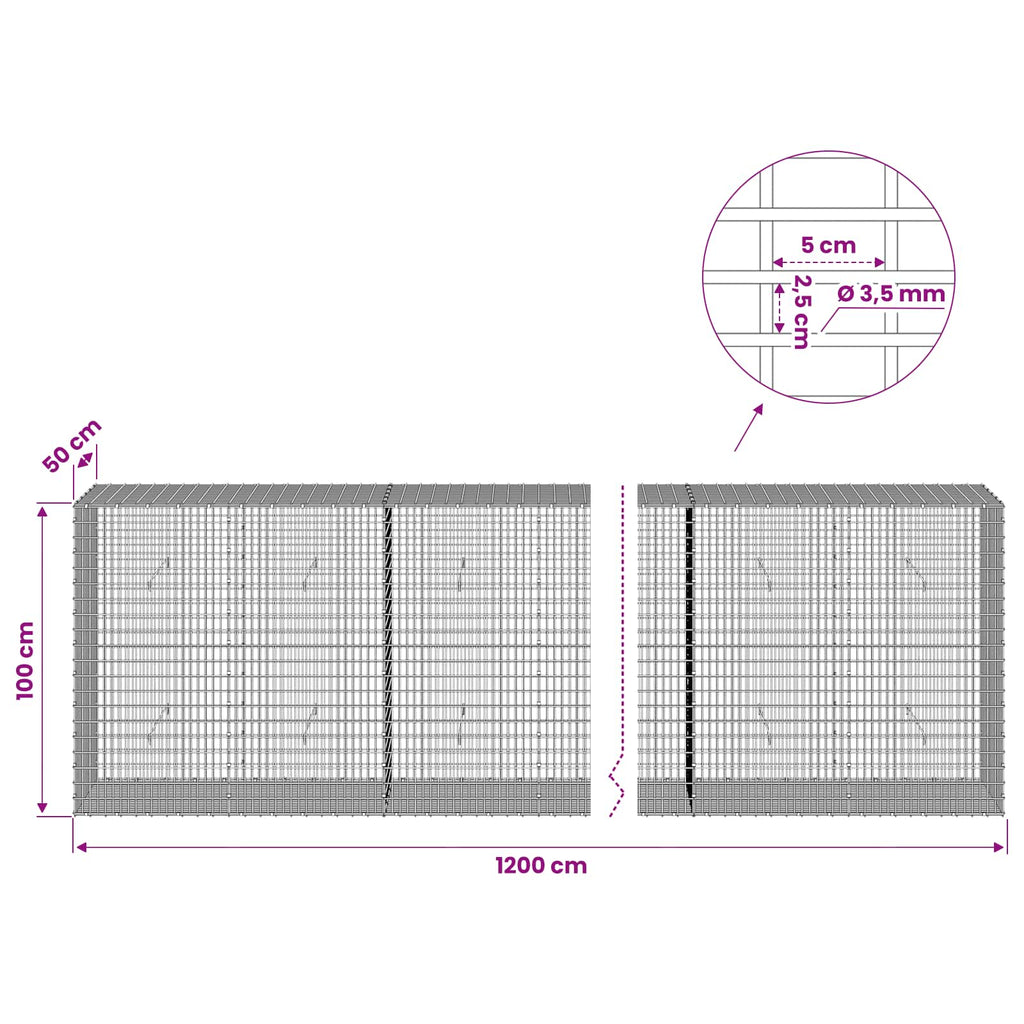 vidaXL Gabion z drutu 3,5 mm i siatką 5x2,5 cm 1200x50x100 cm