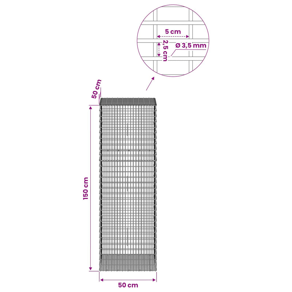 vidaXL Gabion z drutu 3,5 mm i siatką 5x2,5 cm 50x50x150 cm