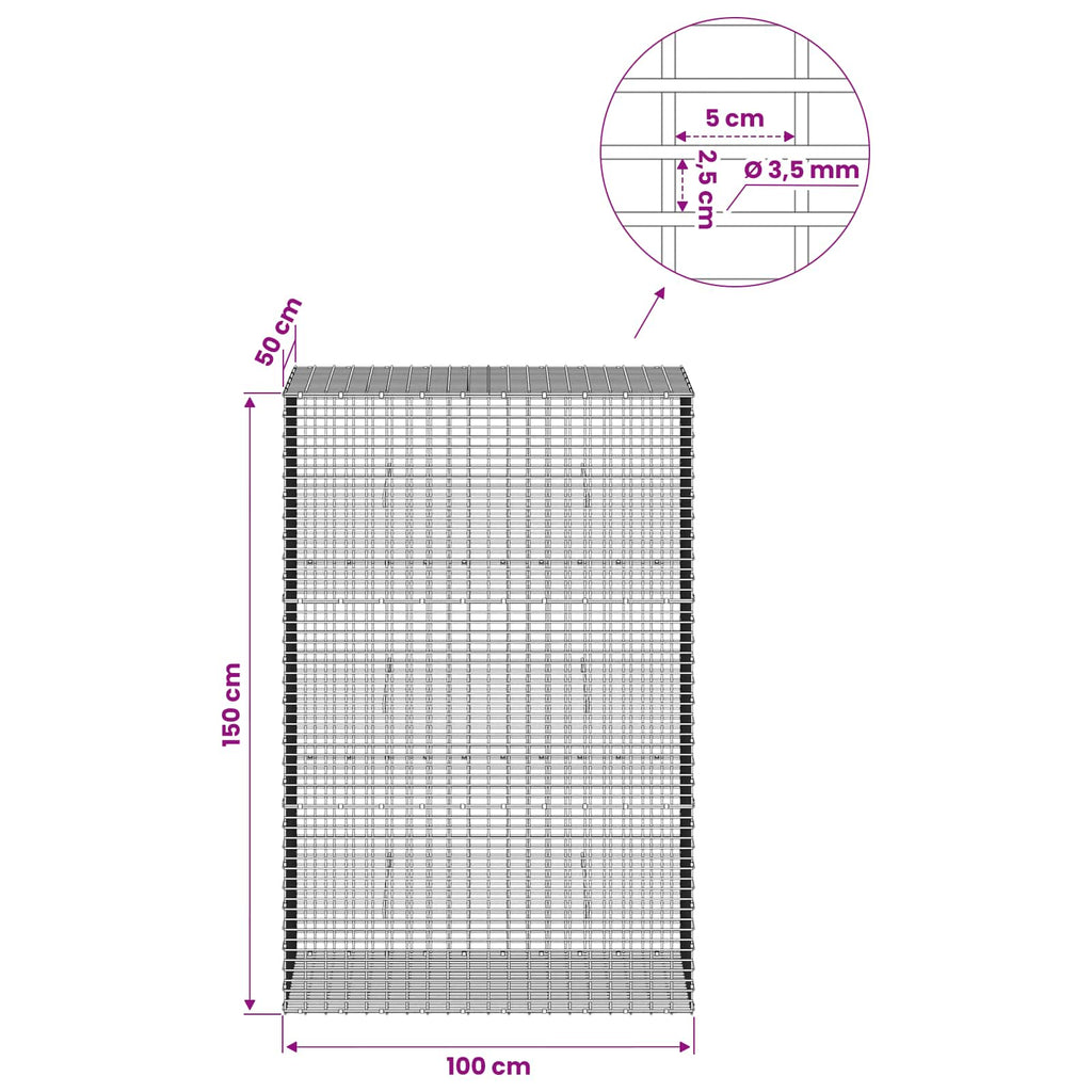 vidaXL Gabion z drutu 3,5 mm i siatką 5x2,5 cm 100x50x150 cm