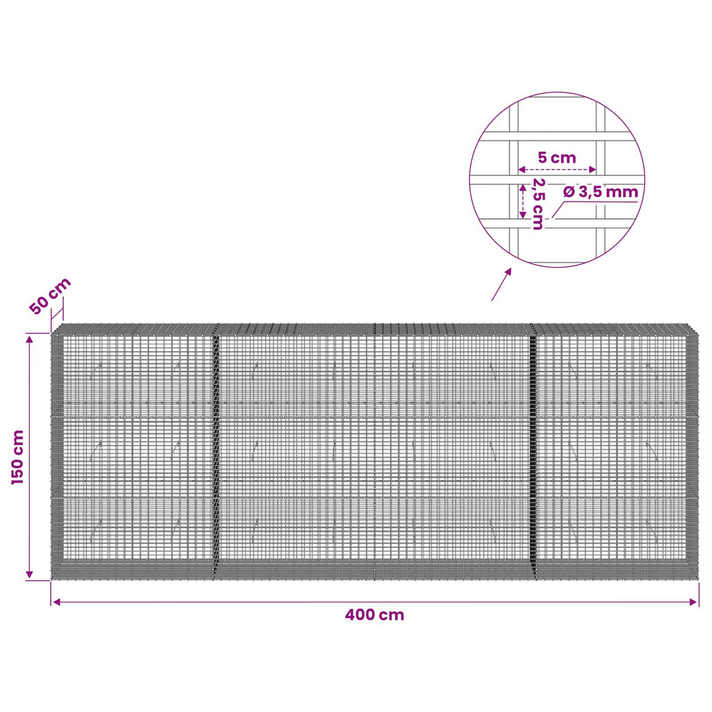 vidaXL Gabion z drutu 3,5 mm i siatką 5x2,5 cm 400x50x150 cm