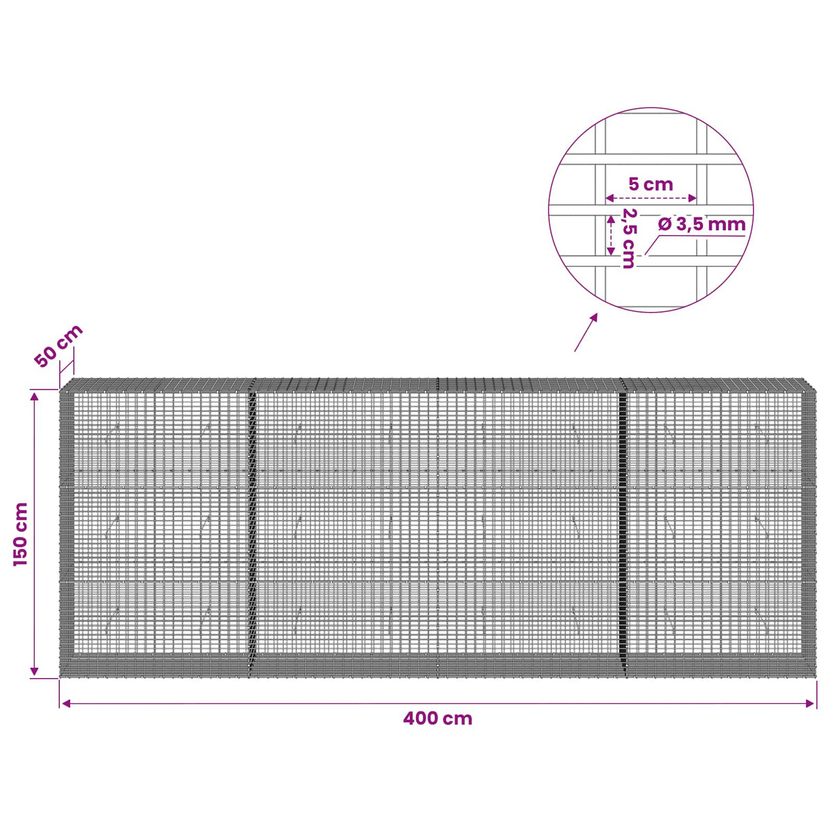 vidaXL Gabion z drutu 3,5 mm i siatką 5x2,5 cm 400x50x150 cm