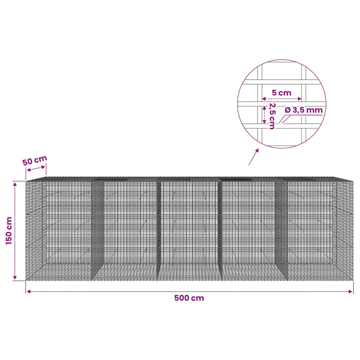 vidaXL Gabion z drutu 3,5 mm i siatką 5x2,5 cm 500x50x150 cm