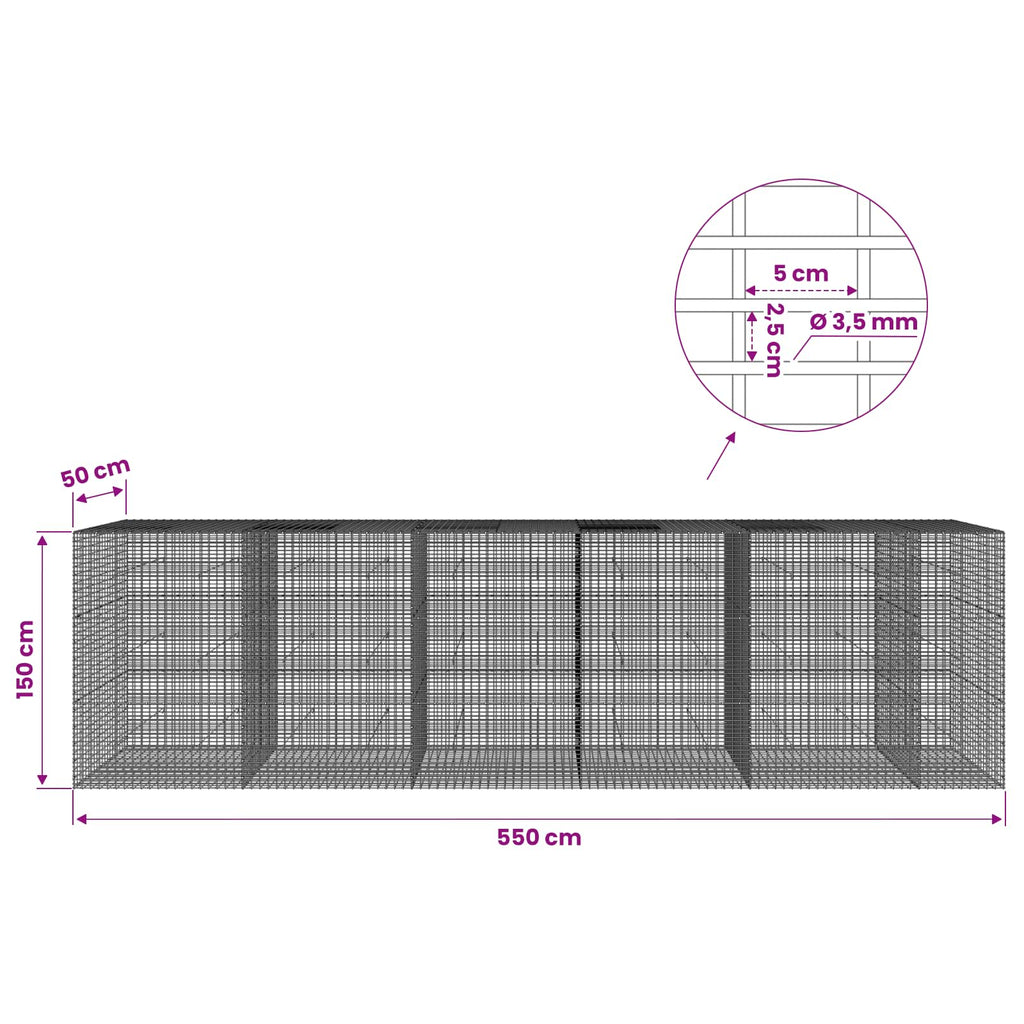 vidaXL Gabion z drutu 3,5 mm i siatką 5x2,5 cm 550x50x150 cm