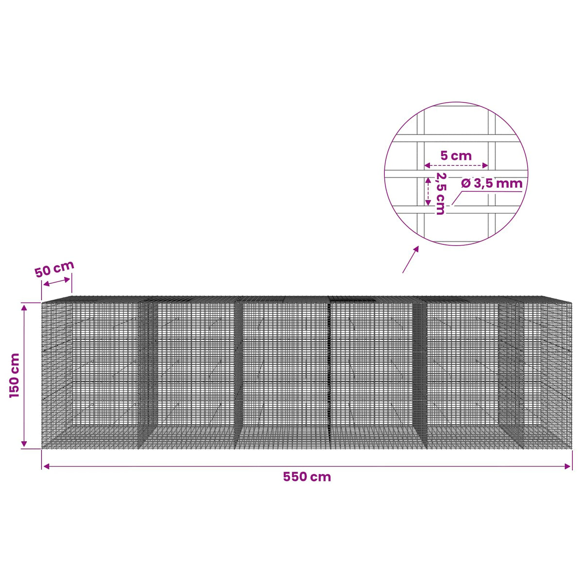 vidaXL Gabion z drutu 3,5 mm i siatką 5x2,5 cm 550x50x150 cm